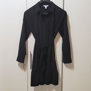 Nine West Black Long-Sleeve Midi Shirt Dress with Waist Tie